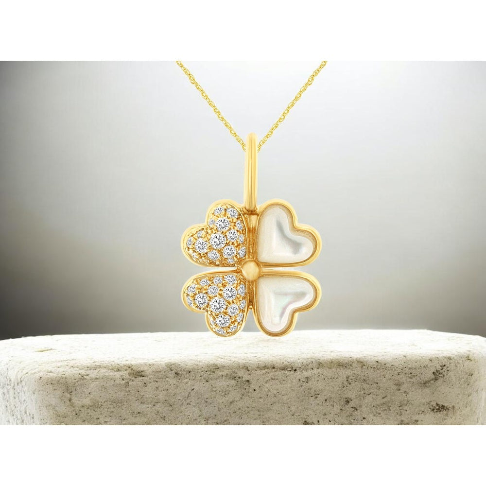 14K Yellow Gold Four-Leaf Clover Pendant with Pavé Round Diamonds and Mother of Pearl Inlays - 0.24 Carat Total Diamond Weight - Royal Jewelry