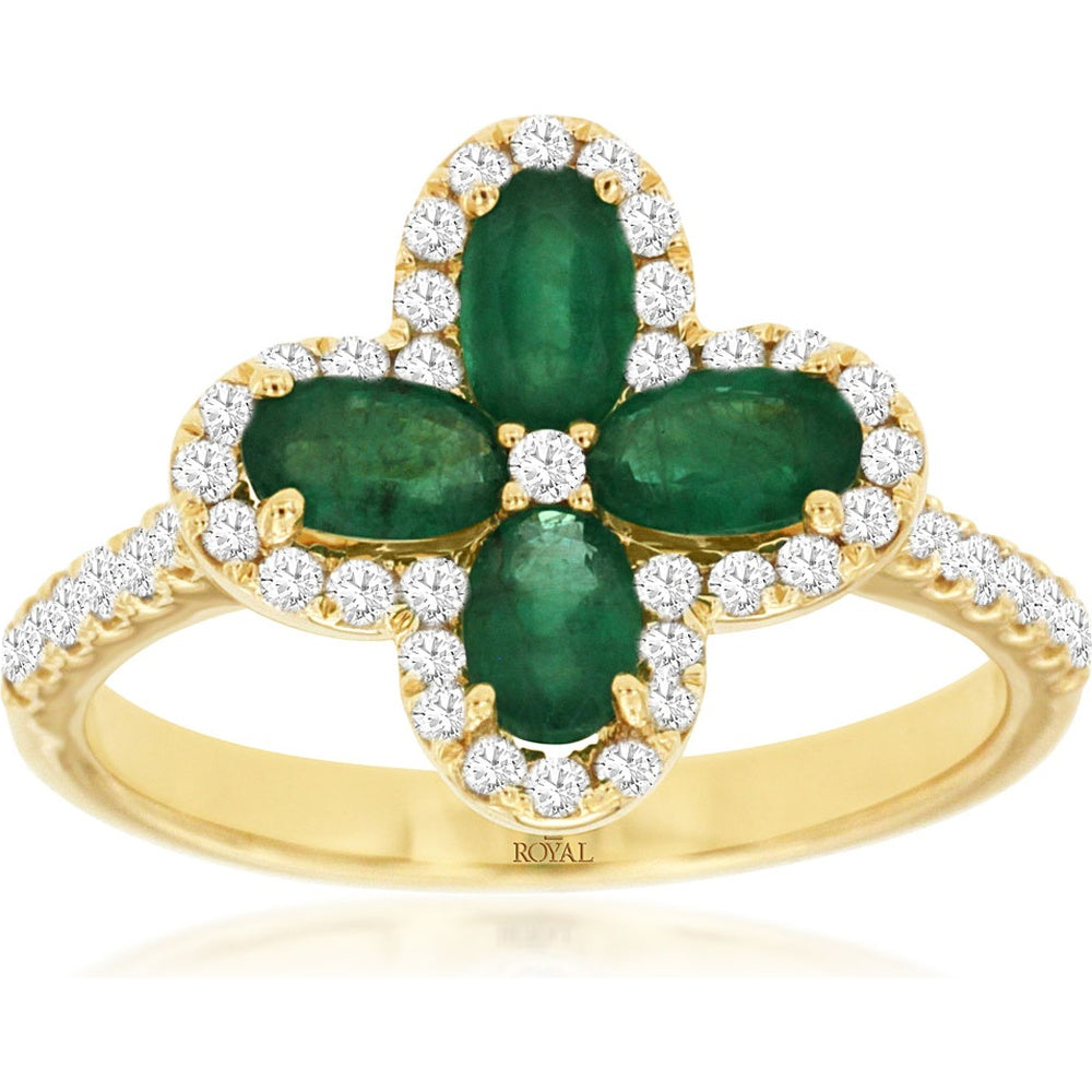 14K Yellow Gold Four-Leaf Clover Ring with Oval Emeralds and Diamond Halo - 0.88 Carat Total Emerald Weight and 0.40 Carat Total Diamond Weight - Royal Jewelry