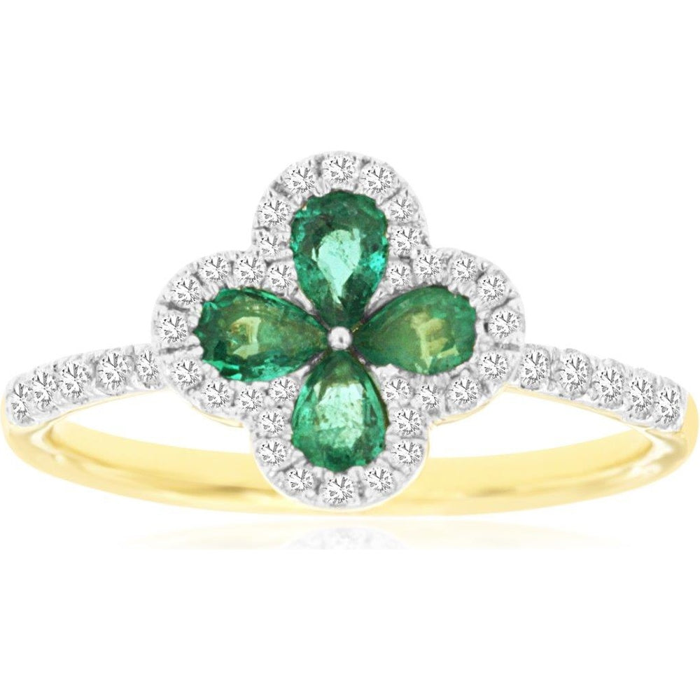 14K Yellow Gold Four-Leaf Clover Ring with Pear-Cut Emeralds and Diamond Halo - 0.60 Carat Emerald and 0.25 Carat Diamond Total Weight - Royal Jewelry