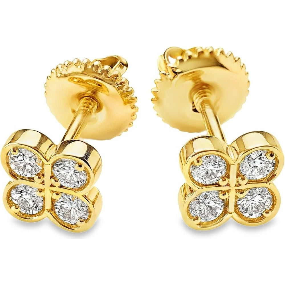 14K Yellow Gold Four Leaf Clover Stud Earrings with Bezel Set Round Diamonds - 0.34 Carat Total Diamond Weight by Auriventus