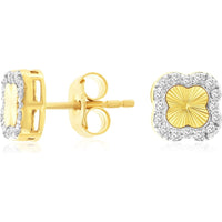 14K Yellow Gold Four-Leaf Clover Stud Earrings with Fluted Center and Diamond Halo - 0.18 Carat Total Diamond Weight - Royal Jewelry