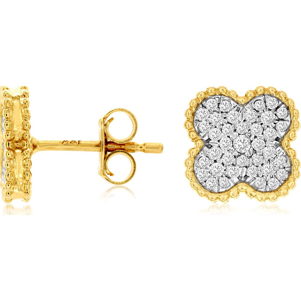 14K Yellow Gold Four-Leaf Clover Stud Earrings with Milgrain Border and Round Diamond Cluster - 0.35 Carat Total Diamond Weight - Royal Jewelry