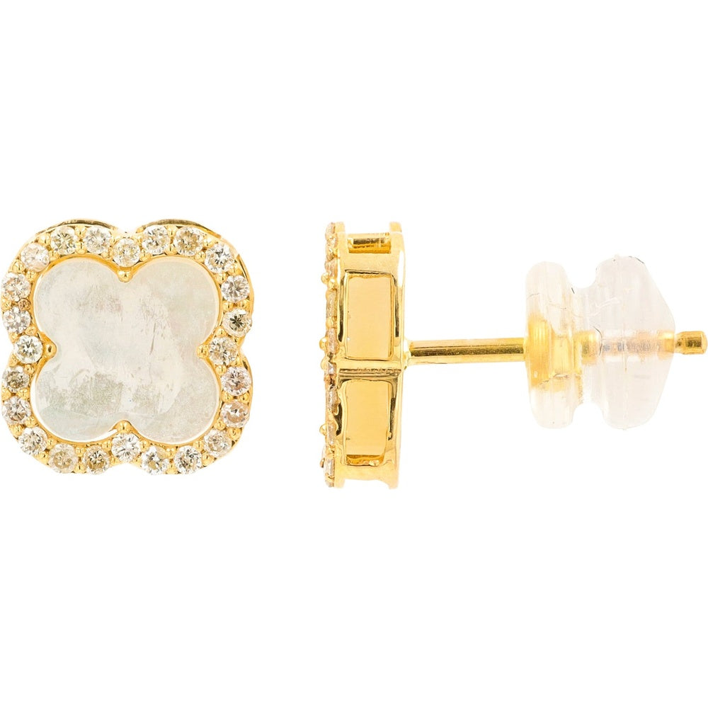 14K Yellow Gold Four-Leaf Clover Stud Earrings with Mother of Pearl and Diamond Halo - 0.29 Carat Total Diamond Weight