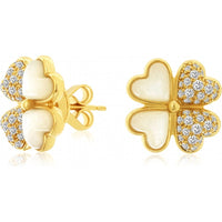 14K Yellow Gold Four-Leaf Clover Stud Earrings with Pavé Round Diamonds and Mother-of-Pearl Inlay - 0.45 Carat Total Diamond Weight - Royal Jewelry