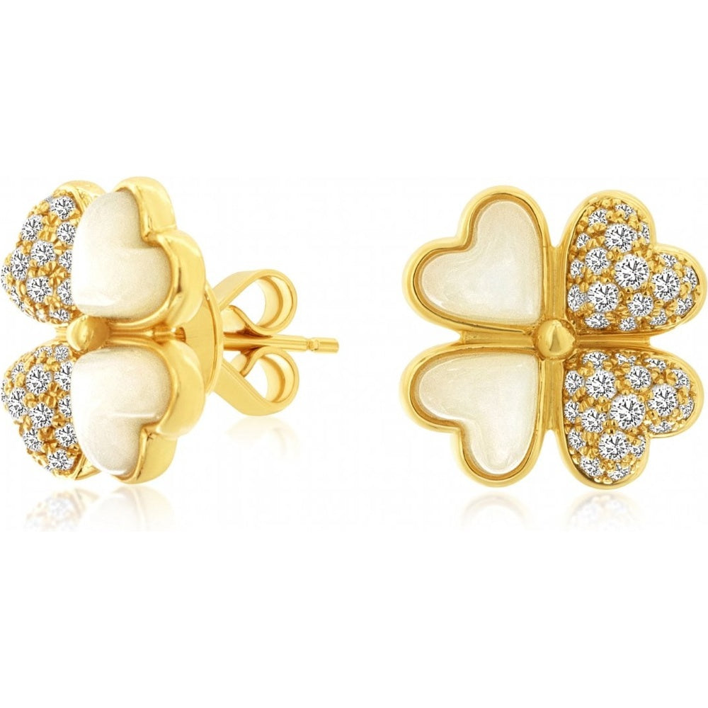 14K Yellow Gold Four-Leaf Clover Stud Earrings with Pavé Round Diamonds and Mother-of-Pearl Inlay - 0.45 Carat Total Diamond Weight - Royal Jewelry