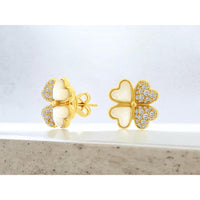 14K Yellow Gold Four-Leaf Clover Stud Earrings with Pavé Round Diamonds and Mother-of-Pearl Inlay - 0.45 Carat Total Diamond Weight - Royal Jewelry