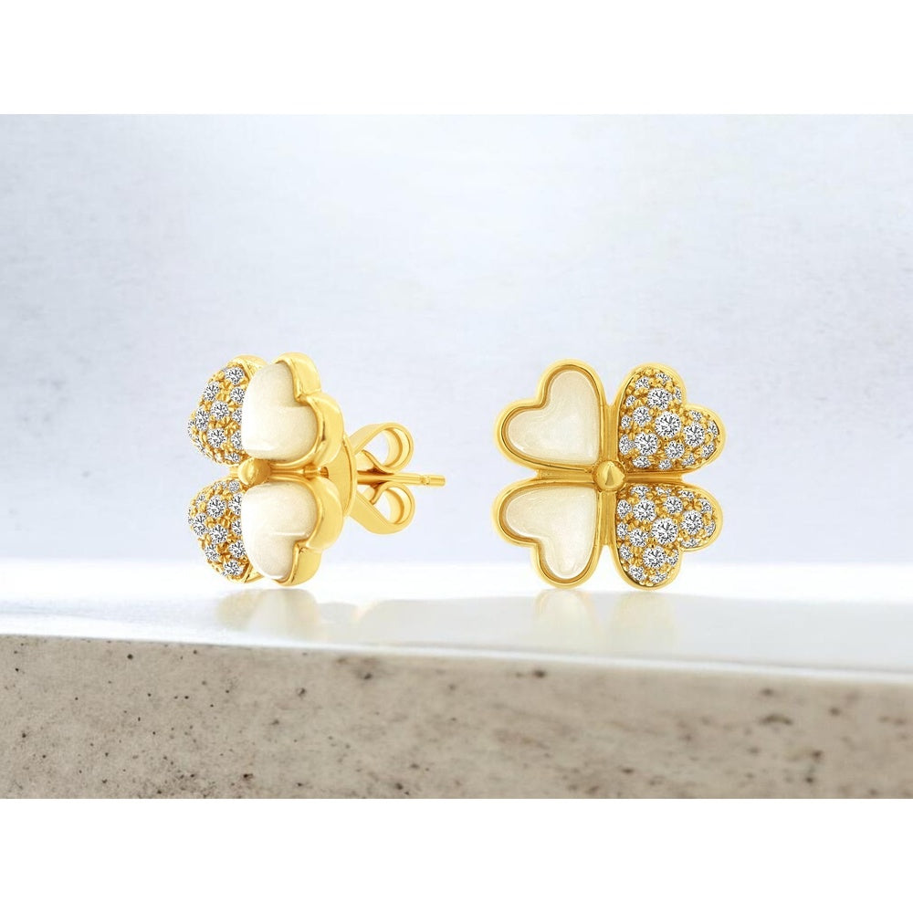 14K Yellow Gold Four-Leaf Clover Stud Earrings with Pavé Round Diamonds and Mother-of-Pearl Inlay - 0.45 Carat Total Diamond Weight - Royal Jewelry
