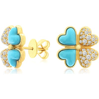 14K Yellow Gold Four-Leaf Clover Stud Earrings with Pave Round Diamonds and Turquoise Heart Inlays - 0.45 Carat Total Diamond Weight - Royal Jewelry