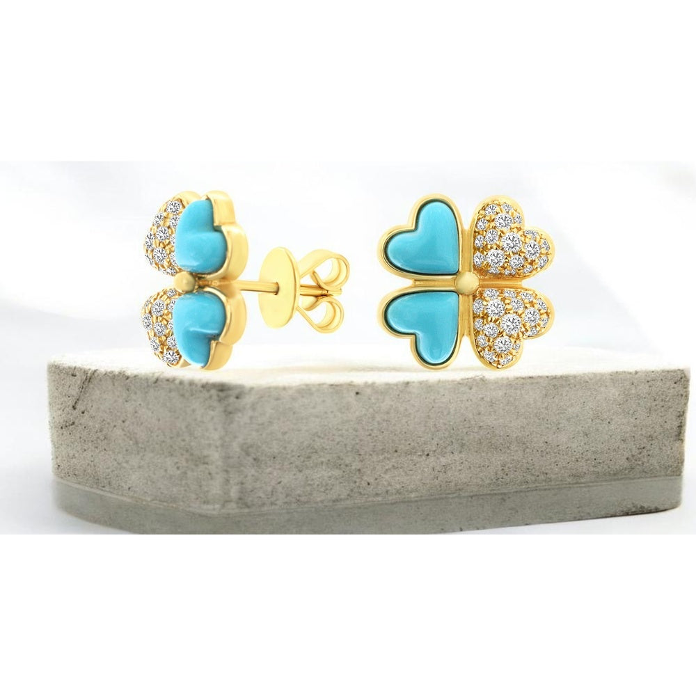 14K Yellow Gold Four-Leaf Clover Stud Earrings with Pave Round Diamonds and Turquoise Heart Inlays - 0.45 Carat Total Diamond Weight - Royal Jewelry