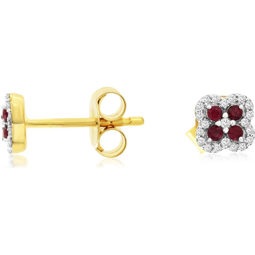 14K Yellow Gold Four-Leaf Clover Stud Earrings with Round Ruby and Diamond Halo - 0.12 Carat Total Ruby Weight and 0.15 Carat Total Diamond Weight - Royal Jewelry