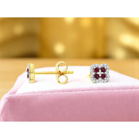 14K Yellow Gold Four-Leaf Clover Stud Earrings with Round Ruby and Diamond Halo - 0.12 Carat Total Ruby Weight and 0.15 Carat Total Diamond Weight - Royal Jewelry