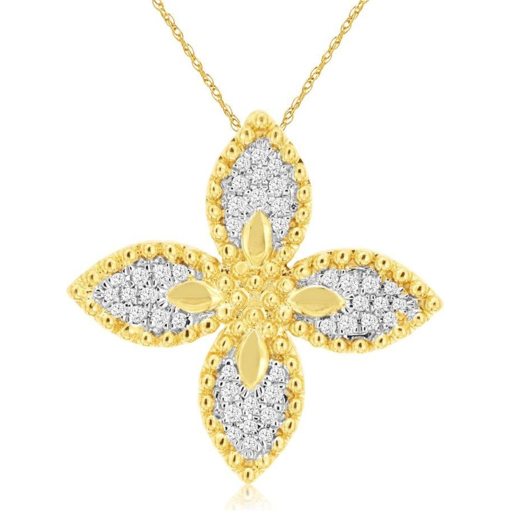 14K Yellow Gold Four-Leaf Floral Pendant with Milgrain Edge and Pavé-Set Round Diamonds - 0.15 Carat Total Diamond Weight - Royal Jewelry