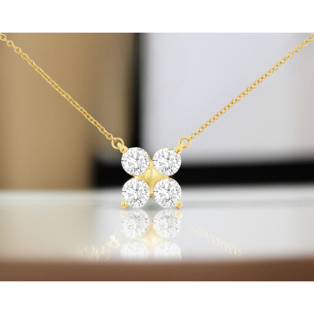 14K Yellow Gold Four-Stone Cluster Necklace with Round Lab Grown Diamonds - 1.00 Carat Total Diamond Weight - Royal Jewelry