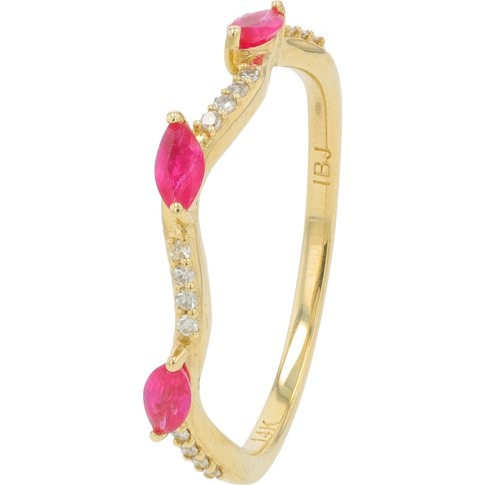 14K Yellow Gold Free Form Band with Marquise Cut Rubies and Brilliant Diamond Accents - 0.36 Carat Total Ruby Weight and 0.06 Carat Total Diamond Weight