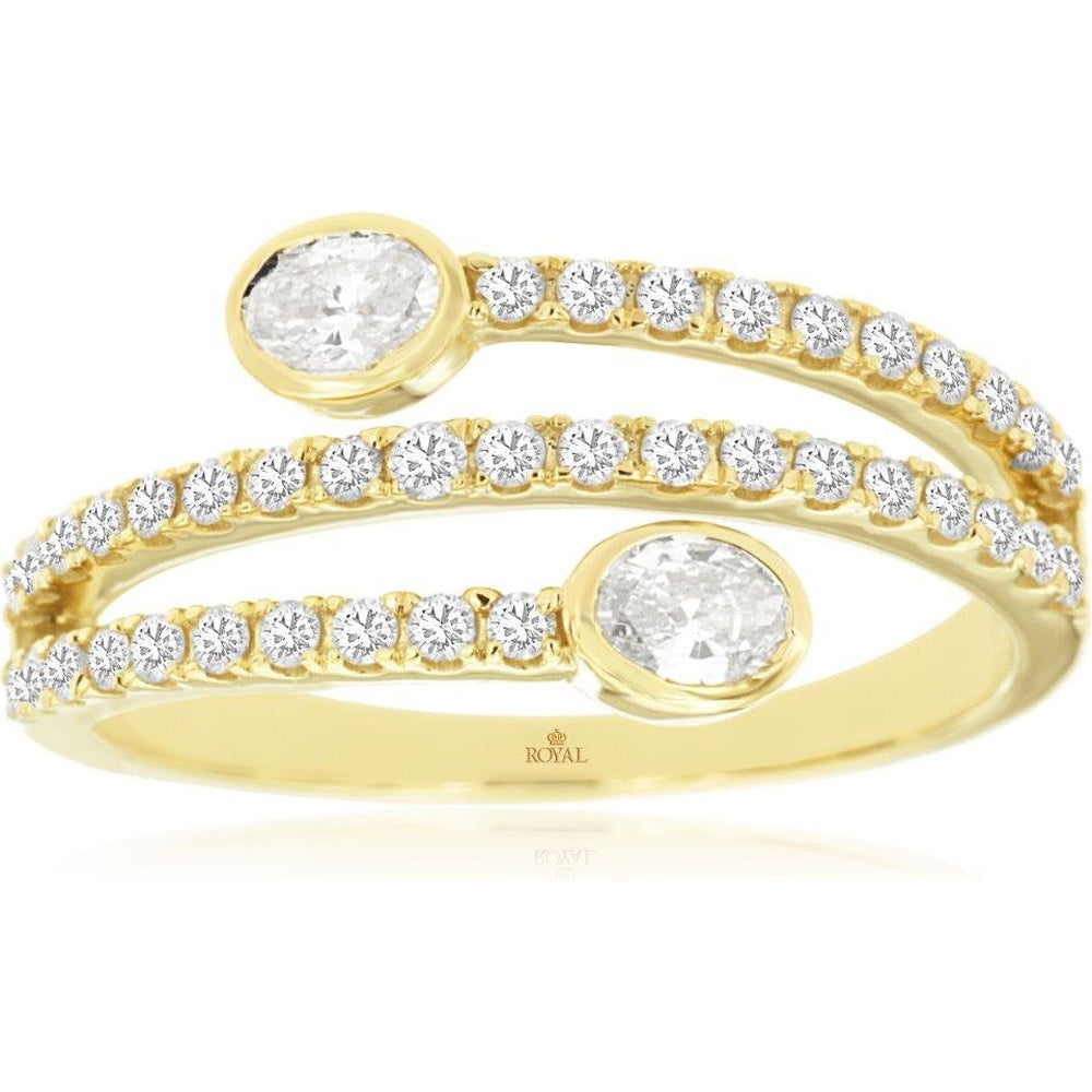 14K Yellow Gold Free Form Bypass Ring with Bezel Set Oval and Pave Round Diamonds - 0.65 Carat Total Diamond Weight - Royal Jewelry
