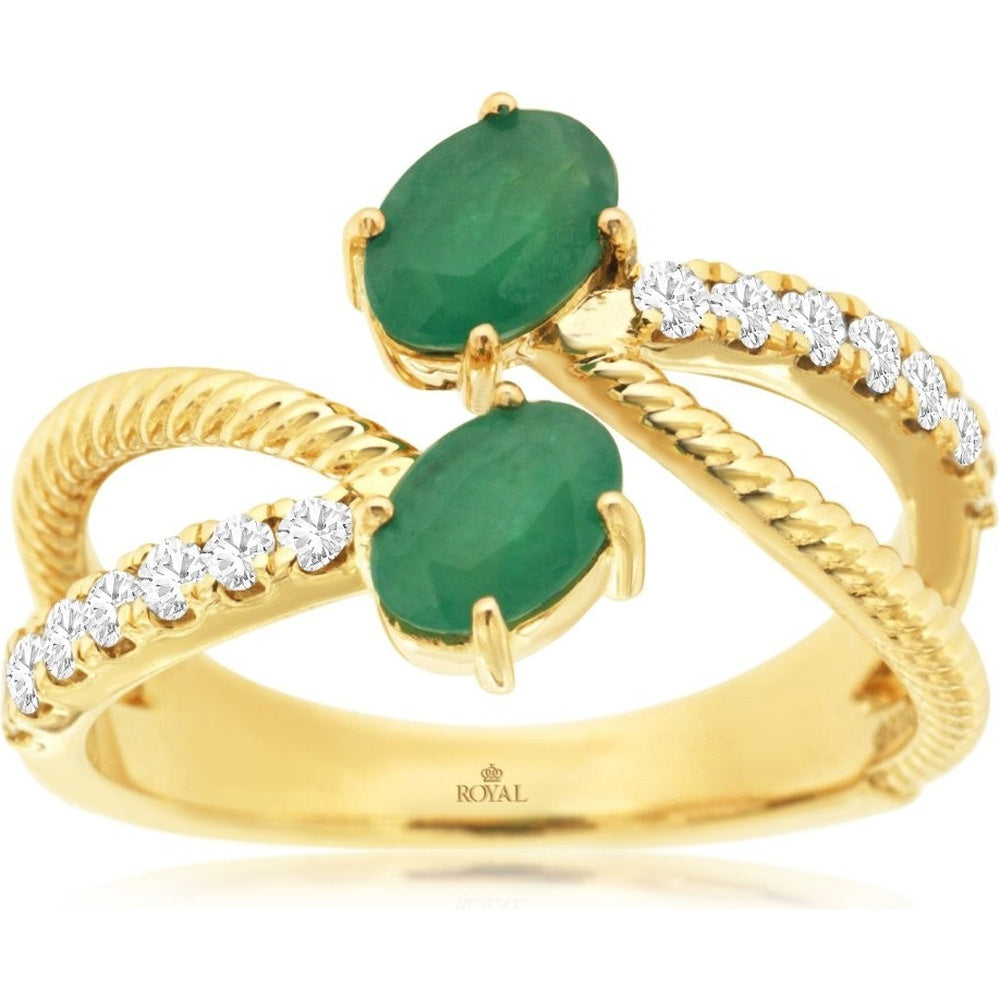 14K Yellow Gold Free Form Bypass Ring with Oval Emeralds and Round Diamond Accents - 0.90 Carat Total Emerald Weight and 0.30 Carat Total Diamond Weight - Royal Jewelry