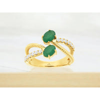 14K Yellow Gold Free Form Bypass Ring with Oval Emeralds and Round Diamond Accents - 0.90 Carat Total Emerald Weight and 0.30 Carat Total Diamond Weight - Royal Jewelry