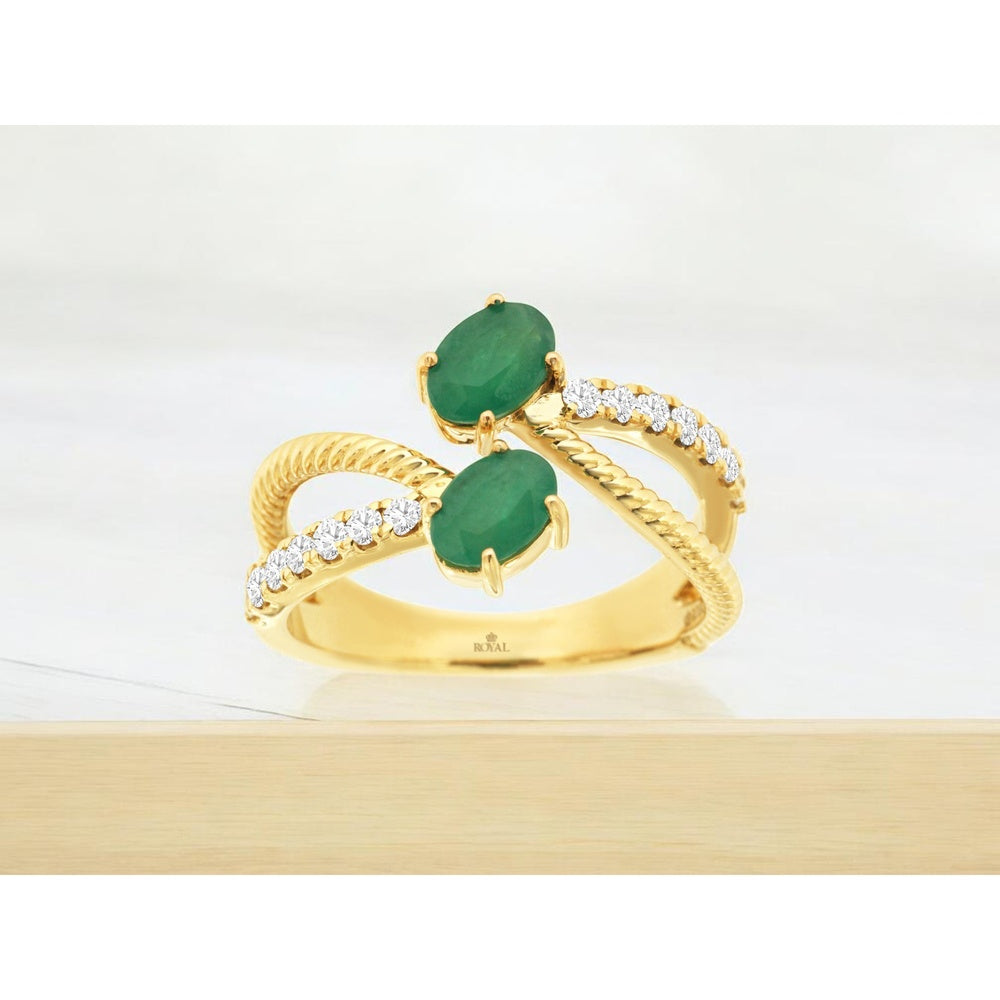 14K Yellow Gold Free Form Bypass Ring with Oval Emeralds and Round Diamond Accents - 0.90 Carat Total Emerald Weight and 0.30 Carat Total Diamond Weight - Royal Jewelry