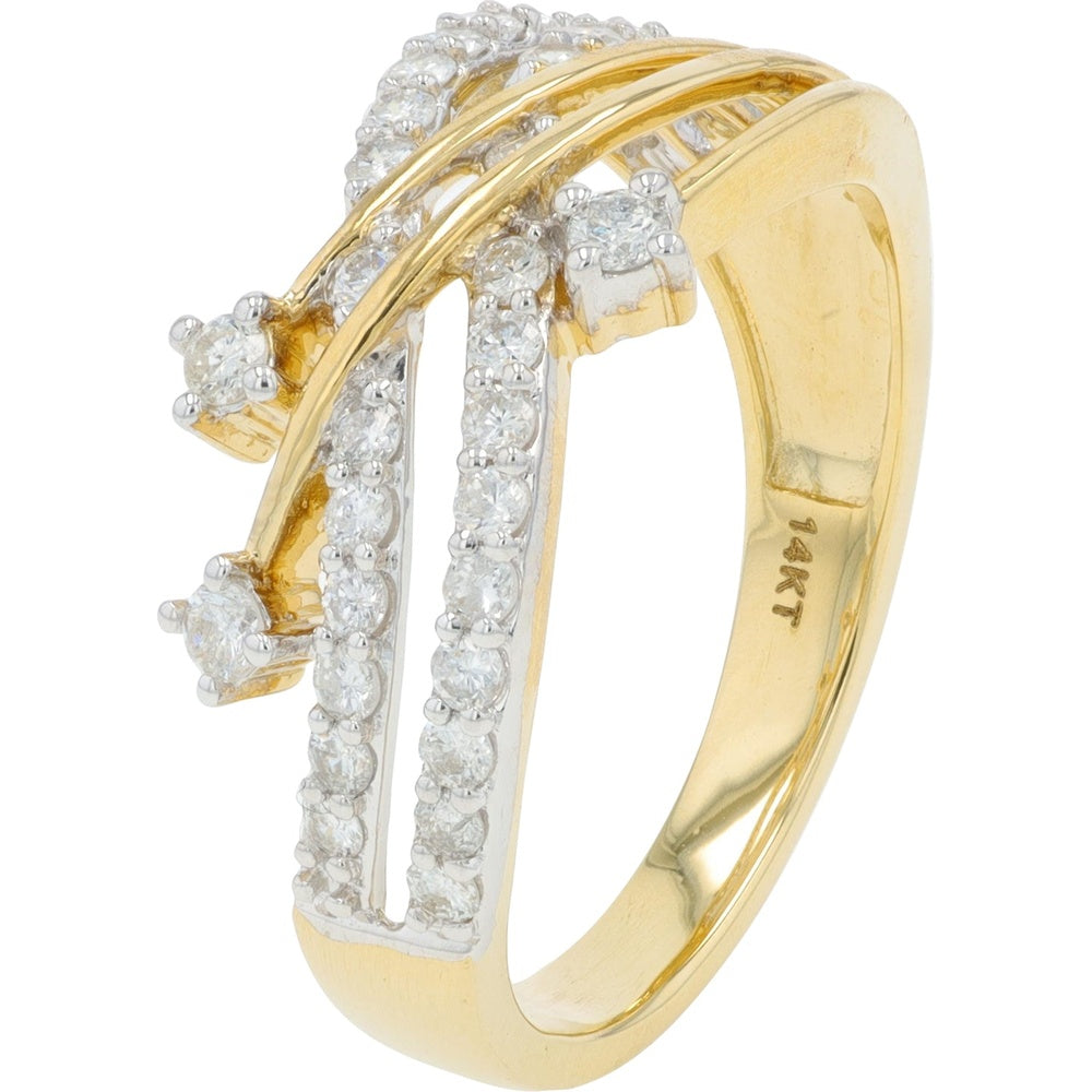 14K Yellow Gold Free Form Bypass Ring with Prong Set Round Diamonds - 0.52 Carat Total Diamond Weight