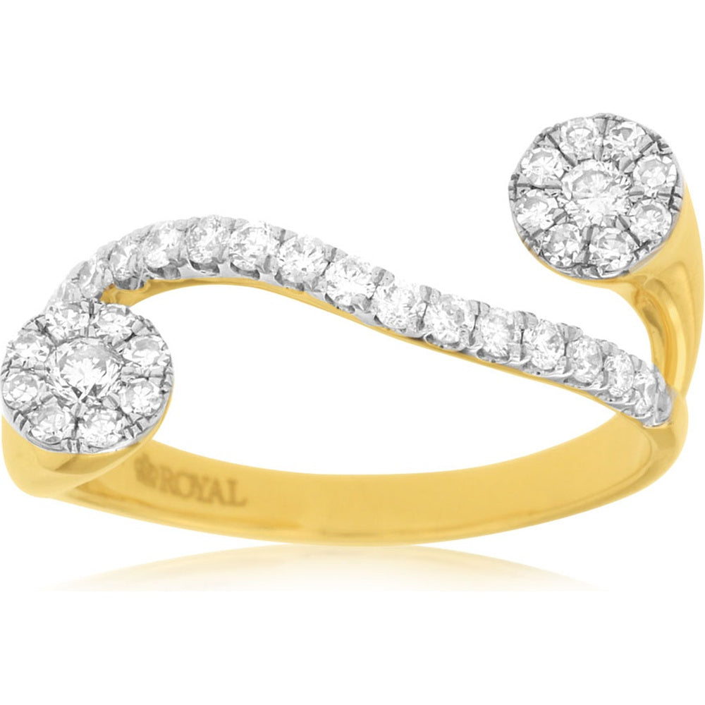 14K Yellow Gold Free Form Bypass Ring with Round Diamond Halo Clusters - 0.50 Carat Total Diamond Weight - Royal Jewelry