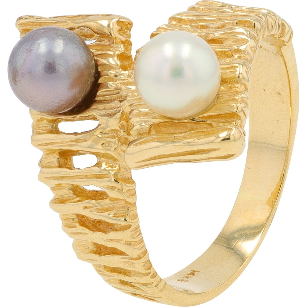 14K Yellow Gold Free-Form Bypass Ring with Textured Band and Dual Grey and White Pearls