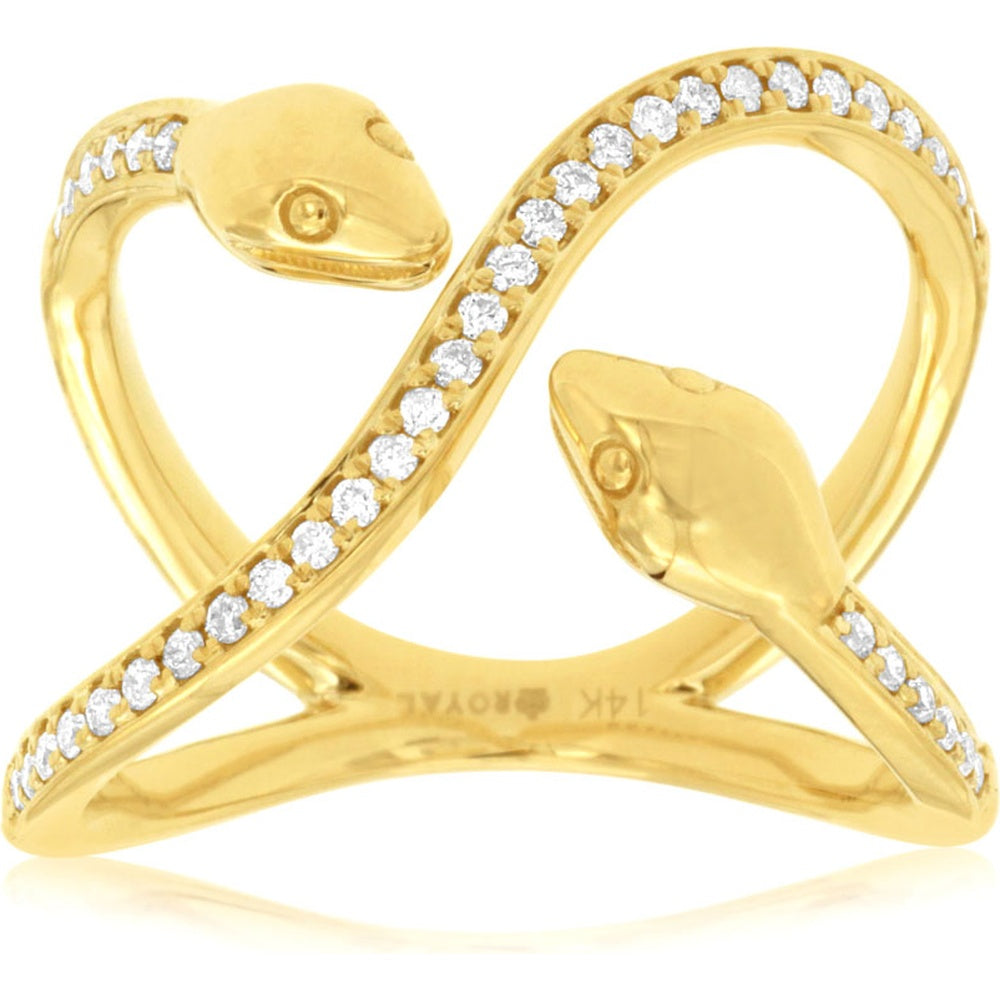14K Yellow Gold Free Form Bypass Snake Ring with Round Diamonds - 0.25 Carat Total Diamond Weight - Royal Jewelry