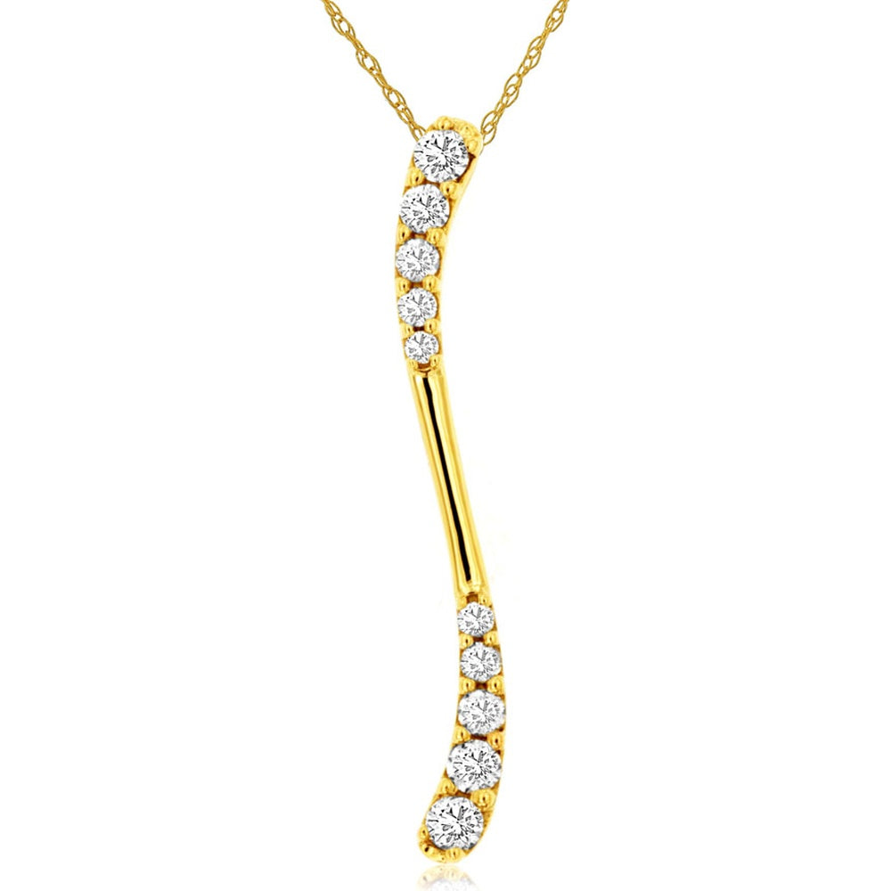 14K Yellow Gold Free-Form Curved Pendant Necklace with Prong-Set Round Diamonds - 0.18 Carat Total Diamond Weight - Royal Jewelry