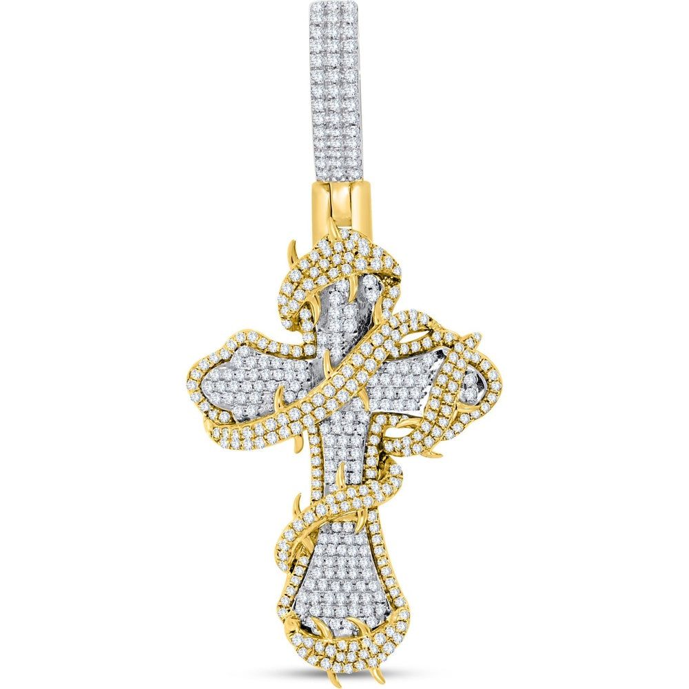 14K Yellow Gold Free Form Diamond Cross Pendant with Prong Set Round Diamonds - 1.35 Carat Total Diamond Weight by Auriventus