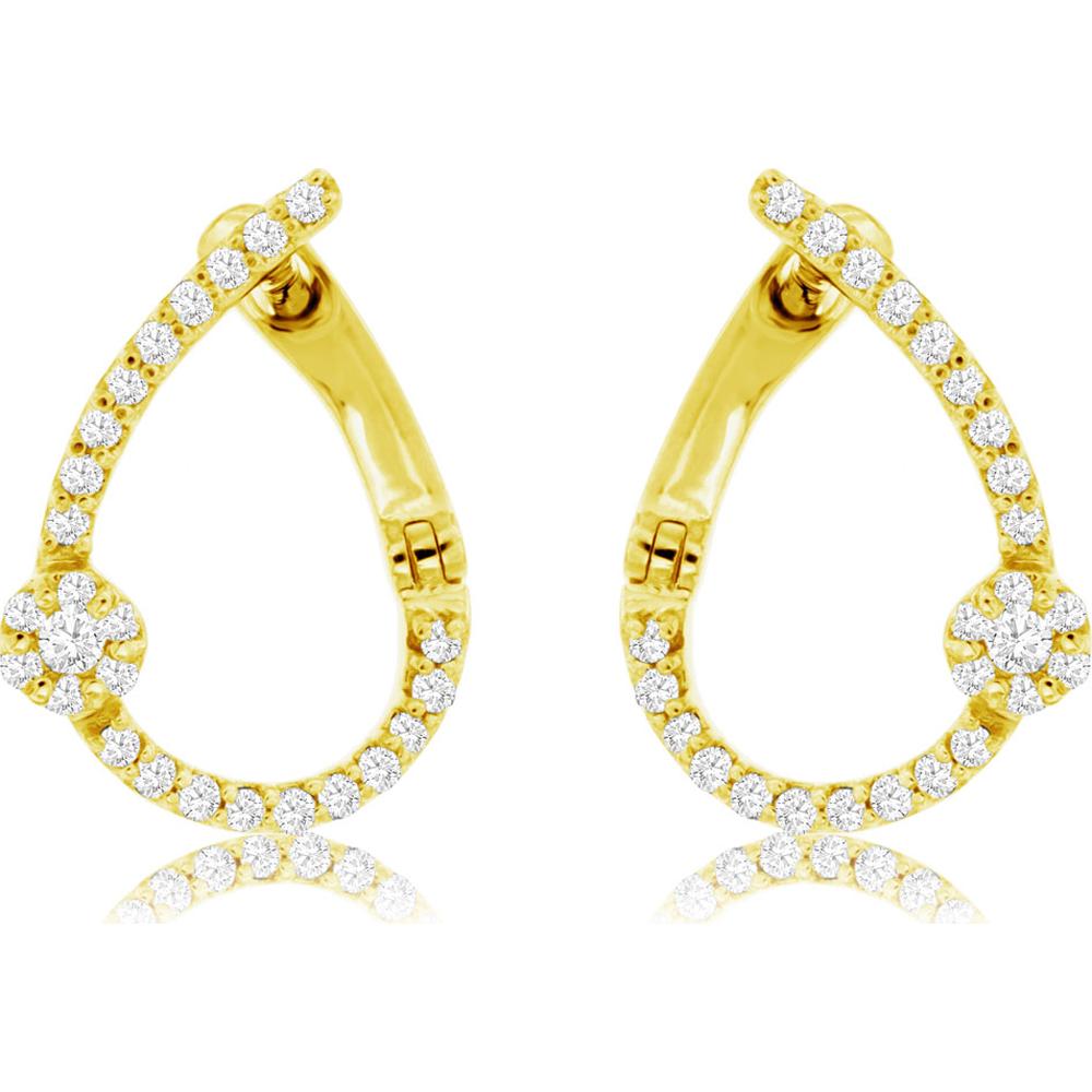 14K Yellow Gold Free Form Diamond Hoop Earrings with Floral Cluster and Hinged Backs – 0.22 Carat Total Diamond Weight - Royal Jewelry