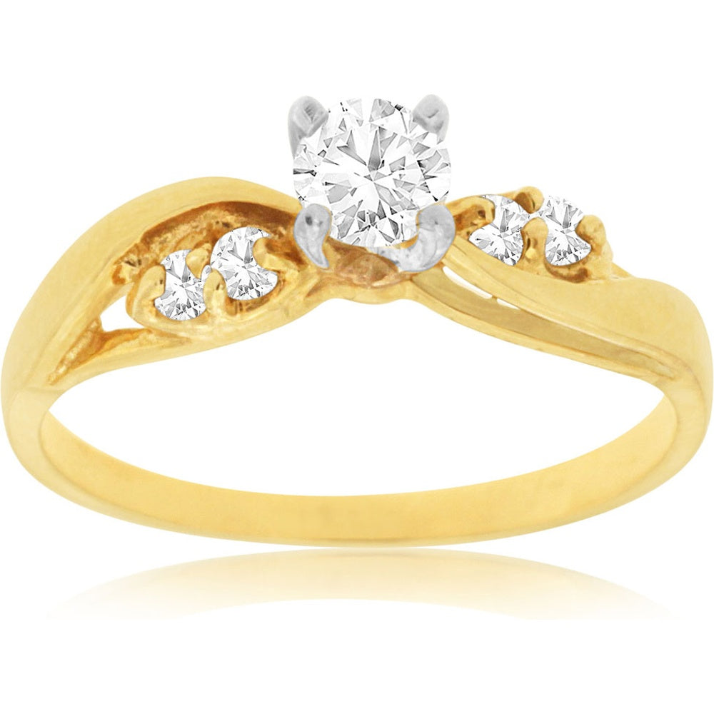 14K Yellow Gold Free Form Engagement Ring with Round Brilliant Center Diamond and Accent Diamonds - 0.41 Carat Total Diamond Weight - Royal Jewelry