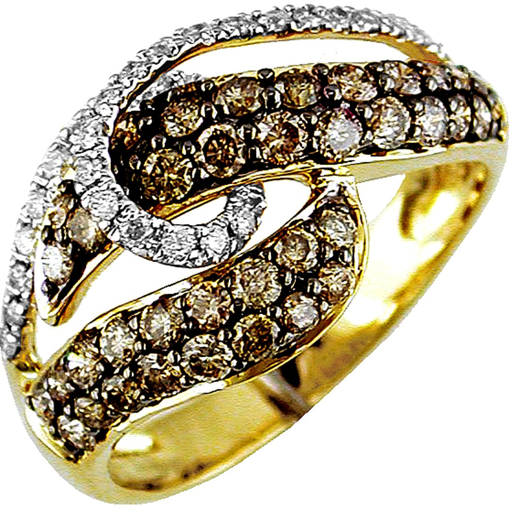 14K Yellow Gold Free Form Intertwined Ring with Pavé Set Round White and Mocha Diamonds - 0.99 Carat Total Diamond Weight - Royal Jewelry