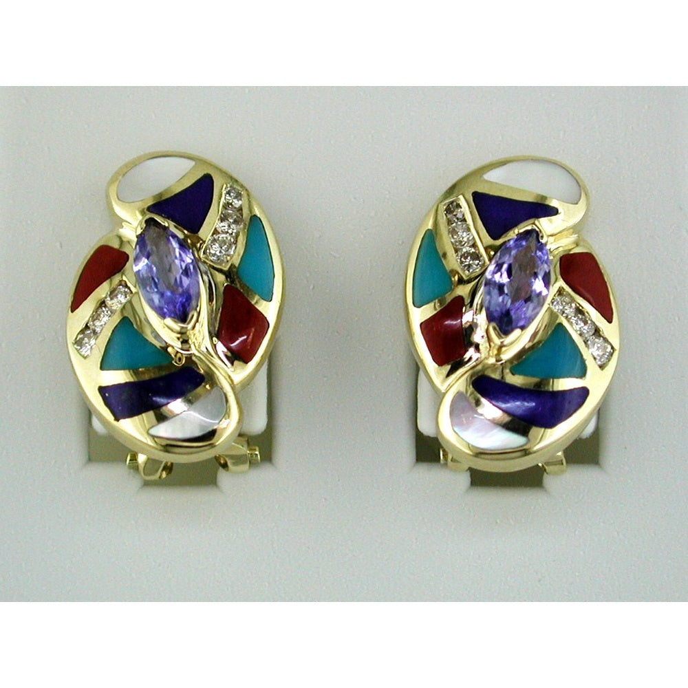 14K Yellow Gold Free Form Multicolor Earrings with Marquise Cut Tanzanite, Round Diamonds, Enamel, and Opal Inlay - 0.68 Carat Total Tanzanite Weight and 0.23 Carat Total Diamond Weight - Royal Jewelry