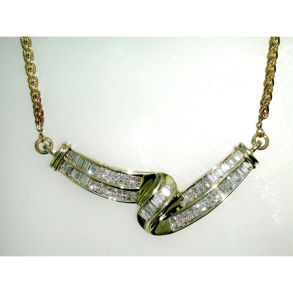 14K Yellow Gold Free Form Necklace with Channel Set Baguette and Round Diamonds - 2.50 Carat Total Diamond Weight by Auriventus