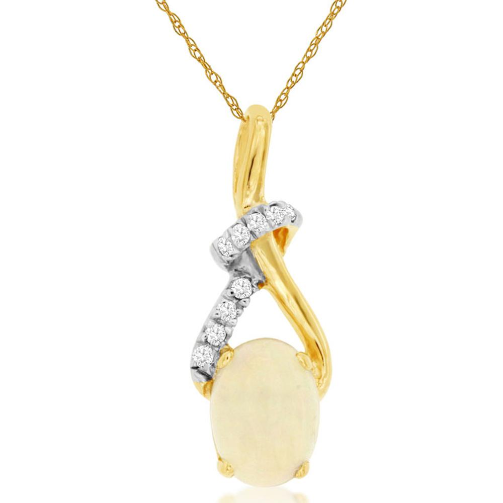 14K Yellow Gold Free-Form Pendant with Oval Opal and Diamond Accents - 0.50 Carat Opal, 0.06 Carat Total Diamond Weight - Royal Jewelry