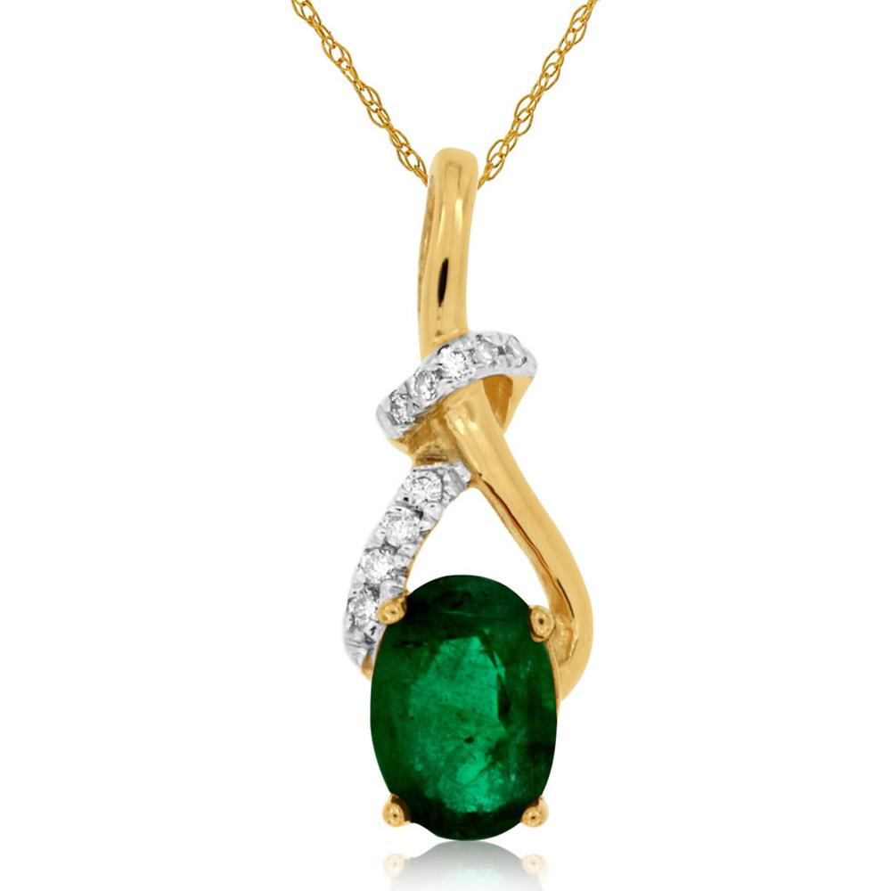 14K Yellow Gold Free-Form Pendant with Prong-Set Oval Emerald and Round Diamond Accents - 0.80 Carat Emerald & 0.06 Carat Total Diamond Weight - Royal Jewelry