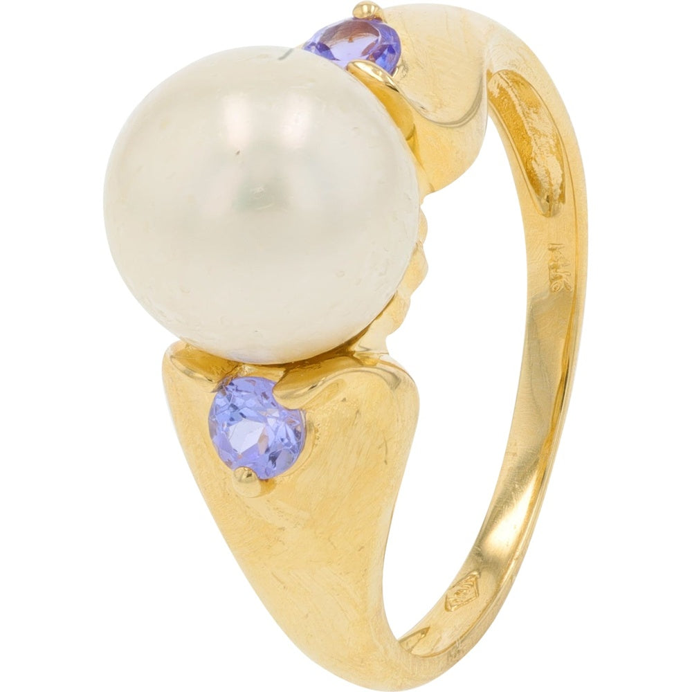 14K Yellow Gold Free Form Ring with 8.7mm Pearl and Prong-Set Tanzanite Accents - Size 7