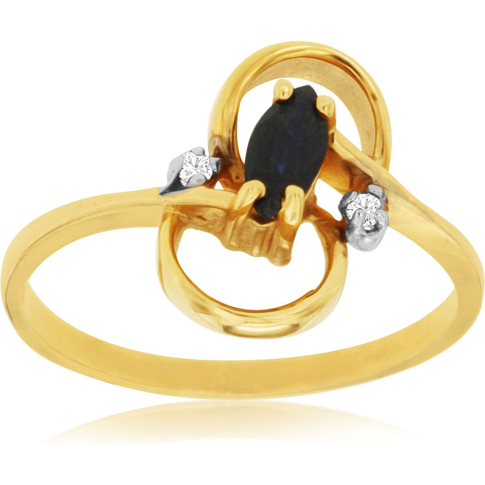 14K Yellow Gold Free Form Ring with Marquise Cut Sapphire and Accent Round Diamonds - 0.03 Carat Total Diamond Weight - Royal Jewelry