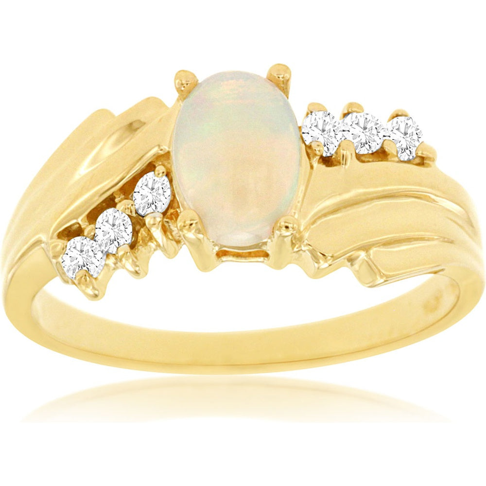 14K Yellow Gold Free Form Ring with Oval Opal and Asymmetrical Round Diamond Accents - 0.50 Carat Opal and 0.17 Carat Total Diamond Weight - Royal Jewelry