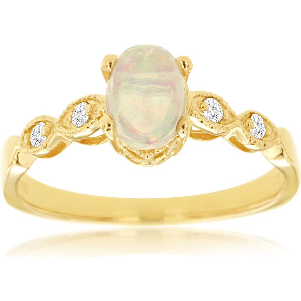 14K Yellow Gold Free Form Ring with Oval Opal and Milgrain-Set Round Diamonds - 0.50 Carat Opal and 0.08 Carat Total Diamond Weight - Royal Jewelry