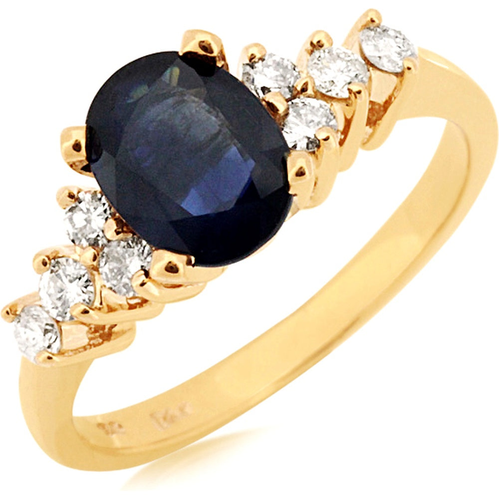 14K Yellow Gold Free-Form Ring with Oval Sapphire and Round Diamond Accents - 1.50 Carat Sapphire and 0.35 Carat Total Diamond Weight - Royal Jewelry