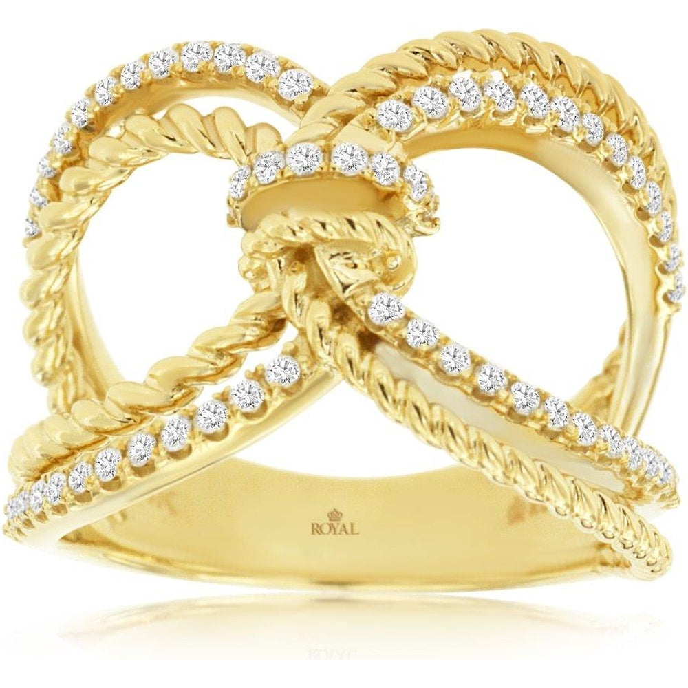 14K Yellow Gold Free Form Ring with Twisted Rope Motif and Prong-Set Round Diamonds - 0.35 Carat Total Diamond Weight - Royal Jewelry