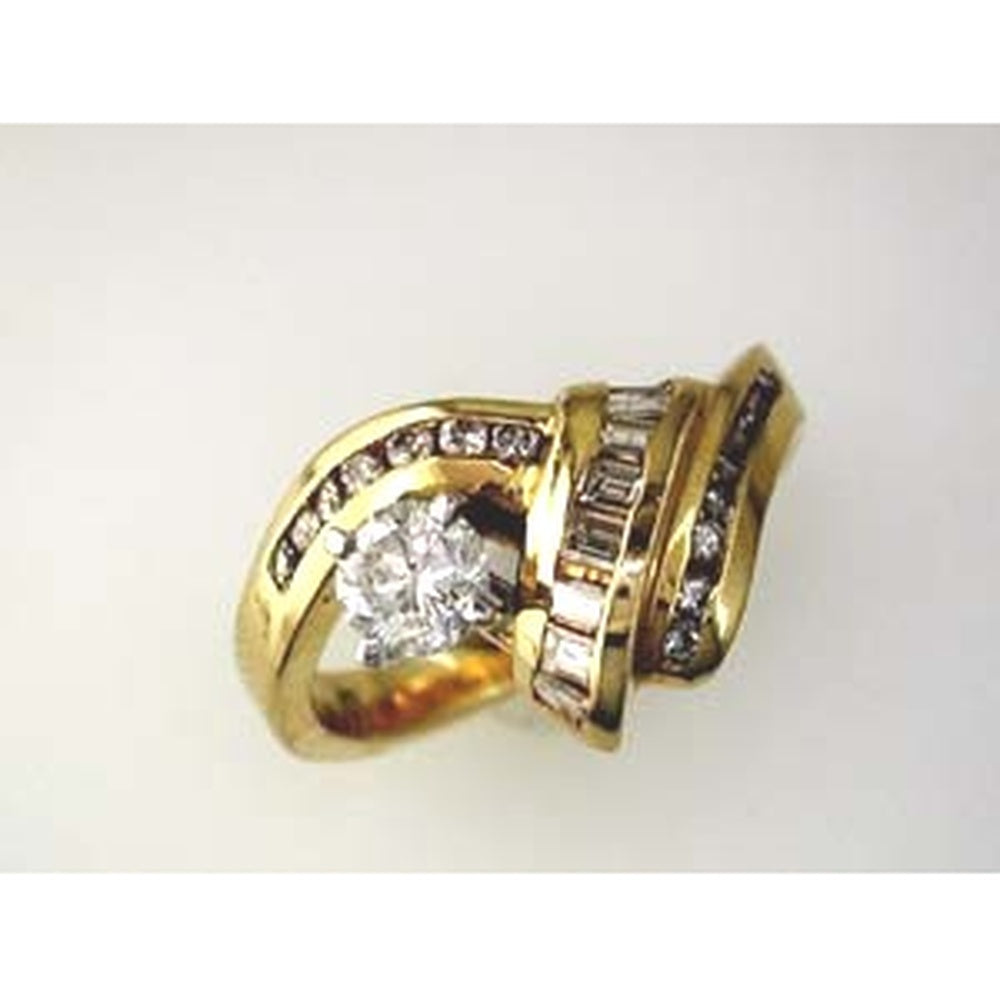 14K Yellow Gold Free Form Swirl Engagement Ring with 0.47 Carat Round Center Diamond and 0.78 Carat Round Side Diamonds - 1.25 Carat Total Diamond Weight - Royal Jewelry