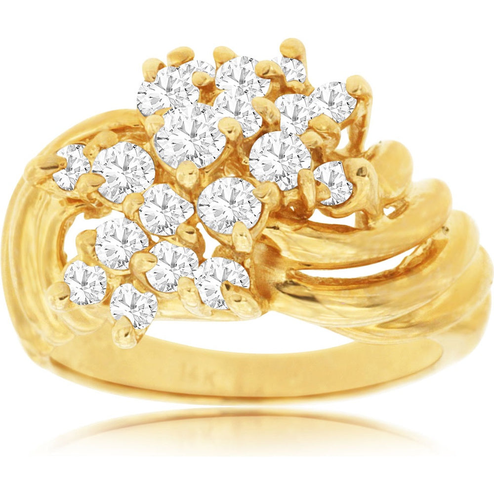 14K Yellow Gold Free-Form Swirl Ring with Round Brilliant Cut Diamonds - 1.12 Carat Total Diamond Weight - Royal Jewelry