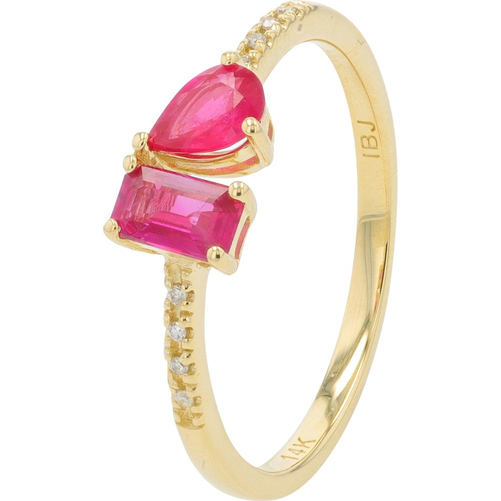 14K Yellow Gold Free Form Two-Stone Ring with Pear and Emerald Cut Rubies and Round Diamond Accents - 0.02 Carat Total Diamond Weight