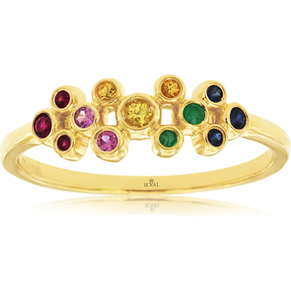 14K Yellow Gold Freeform Cluster Ring with Bezel-Set Multi-Colored Sapphires - 0.16 Carat Total Sapphire Weight - Royal Jewelry