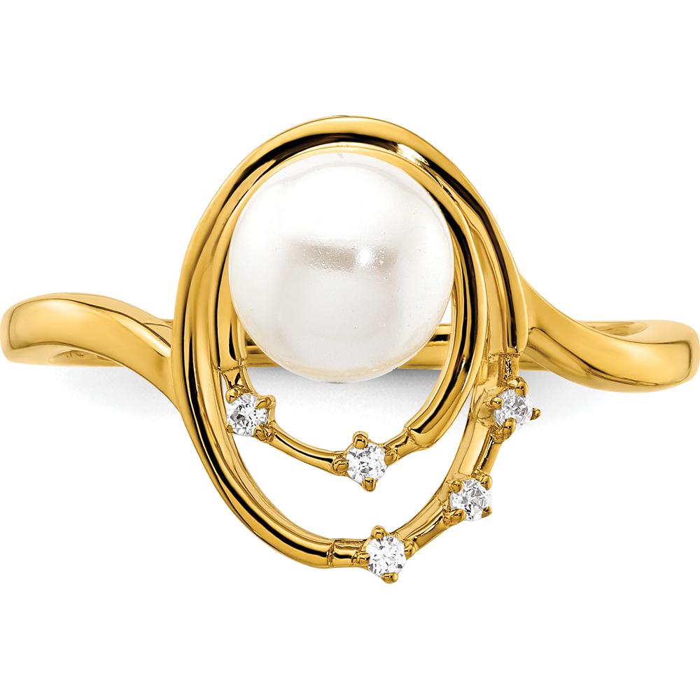 14K Yellow Gold Freeform Ring with White Freshwater Cultured Pearl and 0.05 Carat Round Diamond Accents by 0