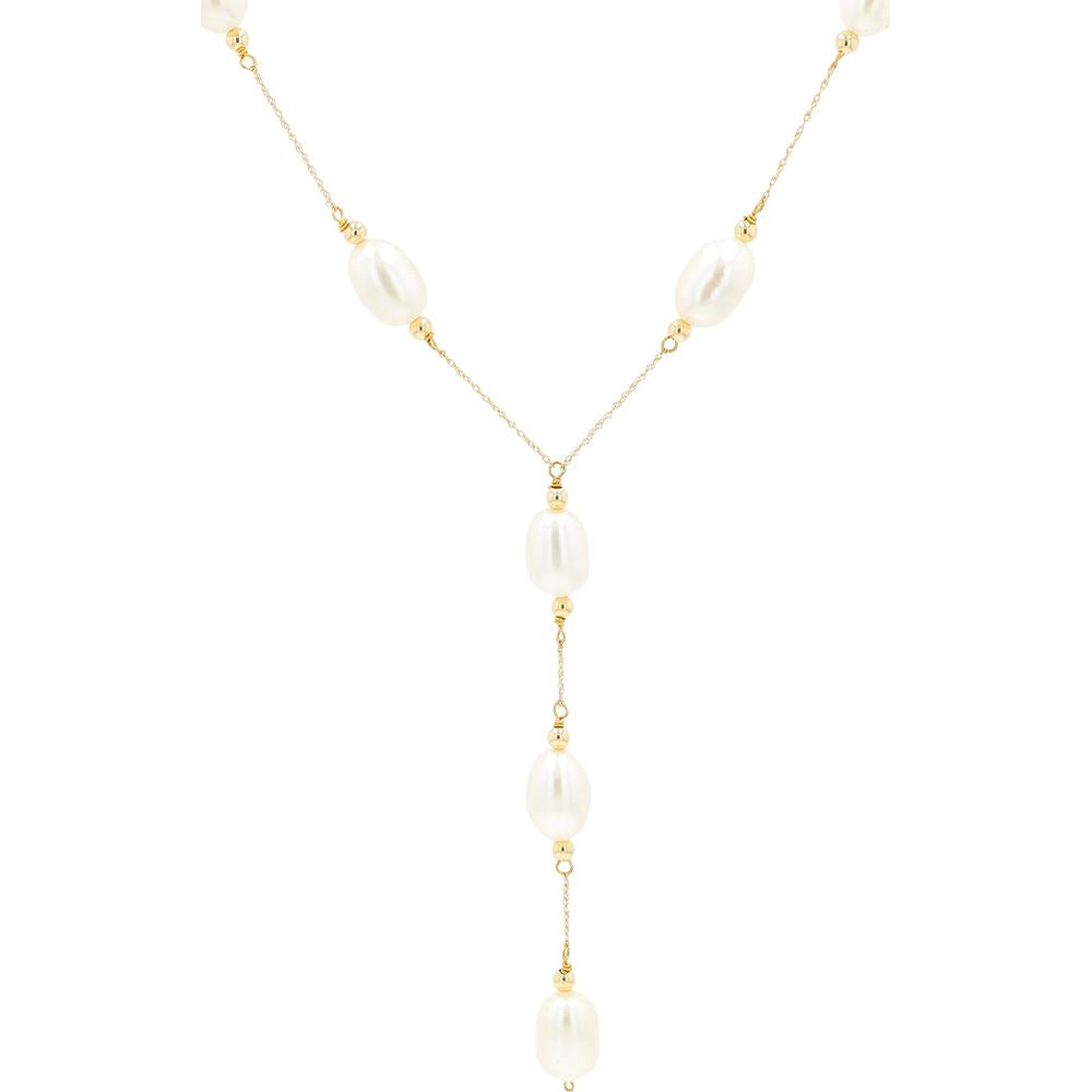 14K Yellow Gold Fresh Water Pearl Lariat Necklace - 8x10mm Pearls
