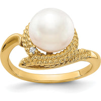 14K Yellow Gold Freshwater Cultured Pearl 8.5mm and Diamond Ring with 0.01 Carat Round Diamond by Monteluci Fine Jewelry