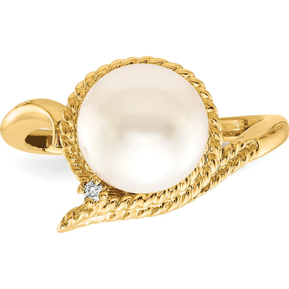 14K Yellow Gold Freshwater Cultured Pearl 8.5mm and Diamond Ring with 0.01 Carat Round Diamond by Monteluci Fine Jewelry