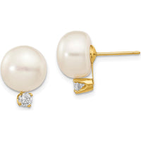 14K Yellow Gold Freshwater Cultured Pearl and .2 Carat Diamond Button Post Earrings by Monteluci Fine Jewelry